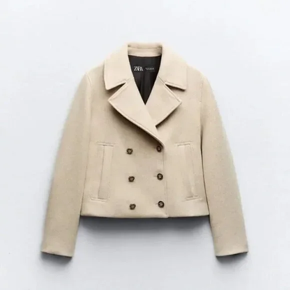 ZARA CROPPED WOOL BLEND DOUBLE BREASTED COAT - Picture 2 of 9